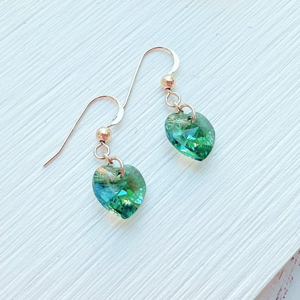 14k Gold-Filled Crystal Heart Earrings | Handmade in BC - Picture 2 of 3